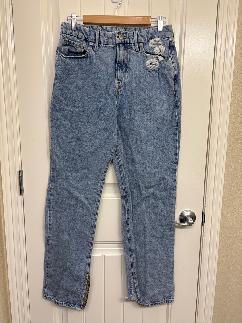 Good American Light Blue Straight Leg Distressed Jeans